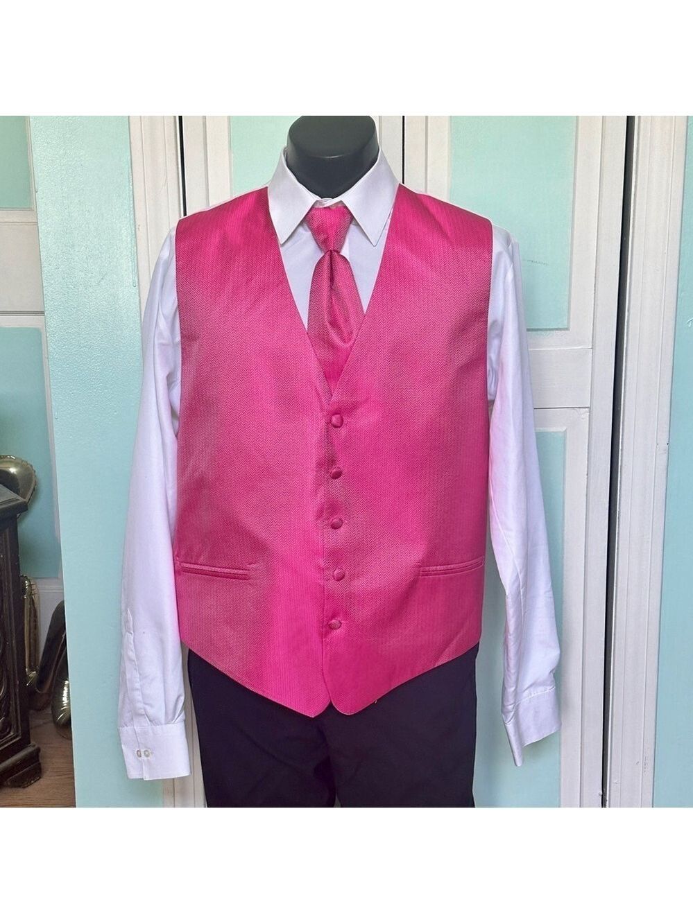 Fuchsia Hot Pink Herringbone Satin Closed Back Vest Wedding Prom Men’s XL Tie